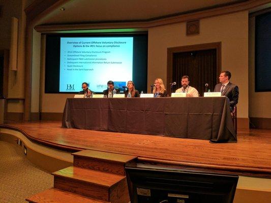 Los Angeles tax attorney Quinn Disparte moderating a panel discussion on OVDP at the University of San Diego on 12/2/2016.