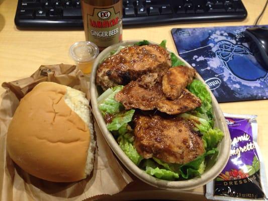 Coco bread; scotch bonnet sauce; Jamaican soda: ginger beer; jerk chicken salad.