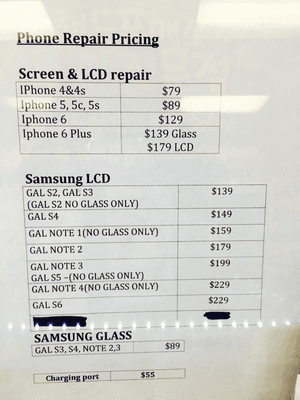 The prices for the screen repairs.