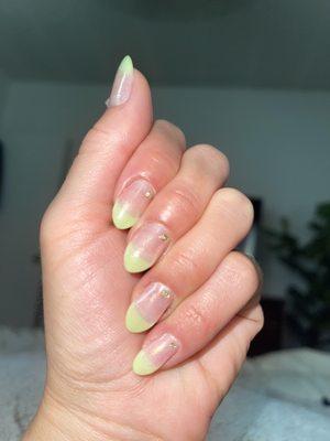 #59 Glow Green Dip French Tip + Natural Pink Nail Bed + Unicorn Chrome & Opal Jewel on a Full Set of Tips by Kim