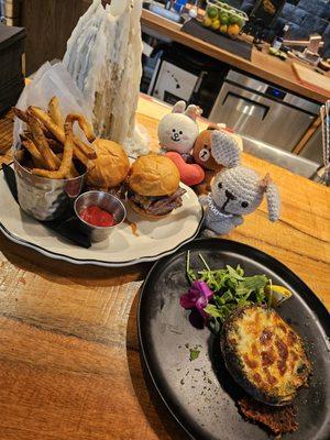 Tenderloin Sliders with House cut fries; and Stuffed Portobello mushroom