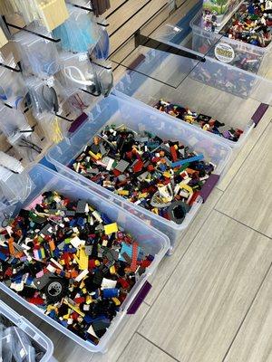 Bins of legos to browse through