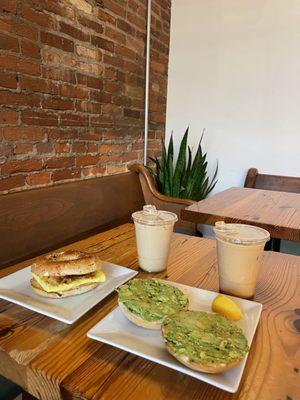 Avocado toast (bagel) and breakfast sandwich