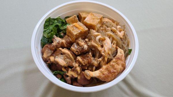 Fried tofu and marinated chicken bowl, yum