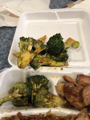 Piles of Broccoli instead of more chicken with the chicken and broccoli order. BBQ chicken at right side to make up for missing chicken.