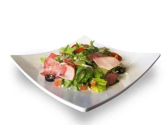 Antipasto Salad - romaine lettuce, pepperoni, ham, salami, mozzarella, bell peppers, onion, olive, tomato & Italian dressing.