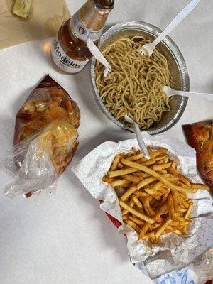 Garlic noodles Cancun fries pound of shrimp headless