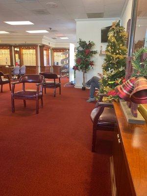 Side of waiting area with Christmas decorations