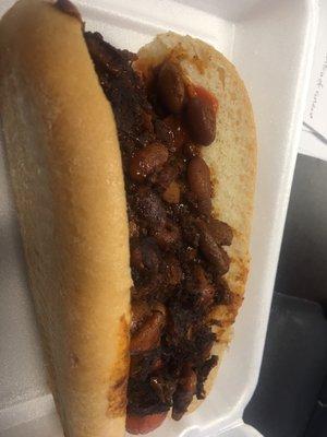 Dried & overheated chili on same hot dog that had moldy bread