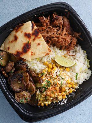 Pulled Pork Plate with sweet & spicy fingerling potatoes & LA Street Corn @tiffhuangry