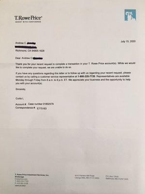 Letter from T. Rowe Price Brokerage