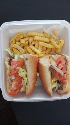 Hamburger sub and fries.