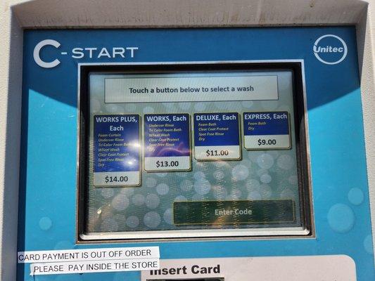 7-3-2023 car wash payment box is more/prior regular price, $13. Pay inside $11 for the works.