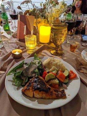 Salad, garlic mashed potatoes, veggies, salmon. Wedding reception at Ambient + Studio.