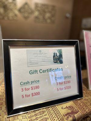 Gift certificate options