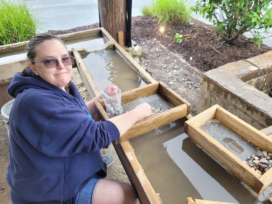 We're sorting gemstones at the flume.Their screens were in disrepair with large holes in the middle that were only partially repaired.