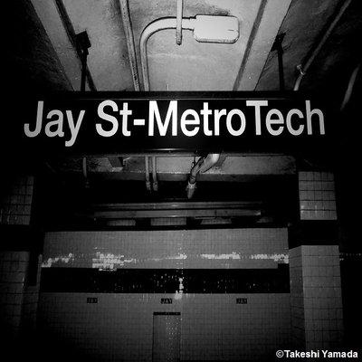 MTA - Jay Street - Metro Tech subway station. Dr. Takeshi Yamada and Seara (Coney Island sea rabbit). The big station sign at the platform.