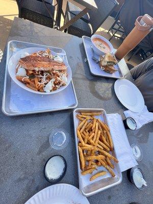 Baked penne with salmon grilled caprese tomatoe bisque  and fries