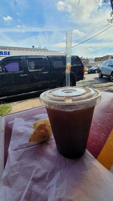 Iced coffee and Pao de Queijo (Brazilian cheesebread)