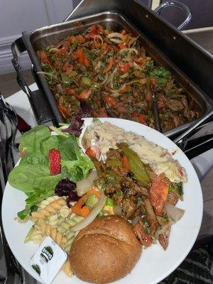 Beef Fajitas, California Chicken, Pasta Primavera Salad, Spinach & Strawberry Salad.