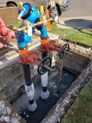 New backflow device installed above ground.