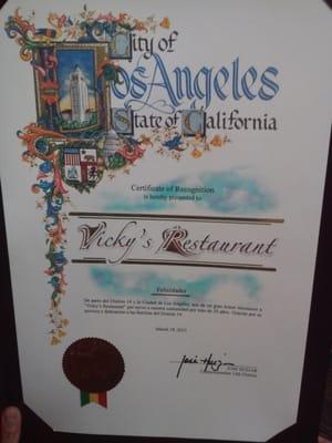 Recognized by the City of Los Angeles for 35 years of exquisite food service