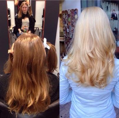 Before and after of a single process blonde.