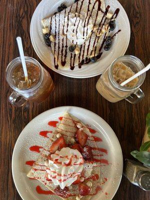 Mixed Fruits Crepe, white chocolate strawberry crepe, peach mango ice tea, and vanilla latte