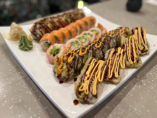 Fusion Roll, Champagne Roll, Pink Lady, Michigan Roll, Striped Dragon Roll