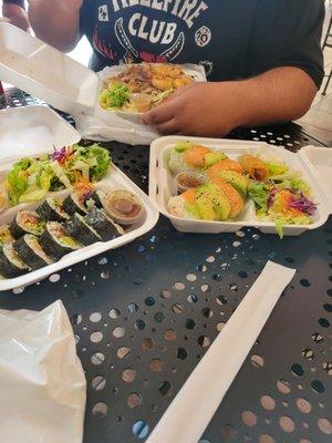 Shrimp and chicken fried rice, salmon lovers roll salmon and avocado ninja rolls