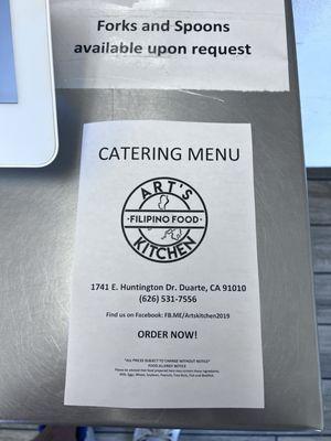 Paper catering menu inside as of 04/29/24. BEE GEE....