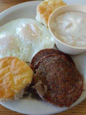 Eggs, sausage, and biscuits with gravy.