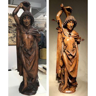 16th c. Riemenschneider School linden wood statue of Saint Sebastian, before and after treatment