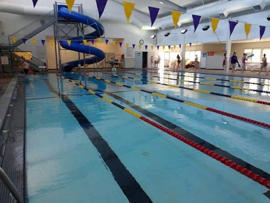 Picture of pool with five lap lanes setup before Sequim High School Swim Meet.