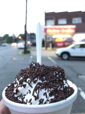 Vanilla Soft Serve with chocolate sprinkles.