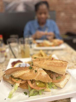 Jerk catfish po'boy with French fries