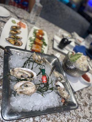 Raw Oysters (front), baked mussels(left) , crab cocktail(right) and citrus salmon belly (middle)