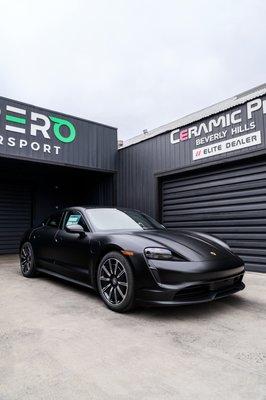 Porsche Taycan wrapped in 3M Satin Black