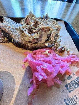 Brisket and pulled pork with pickled onions