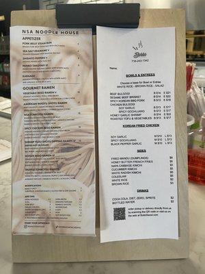 NSA Noodle House Menu and Bokki Menu