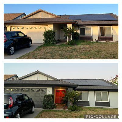 Before and after. Exterior Stucco and wood repairs. Full Prime and Paint.