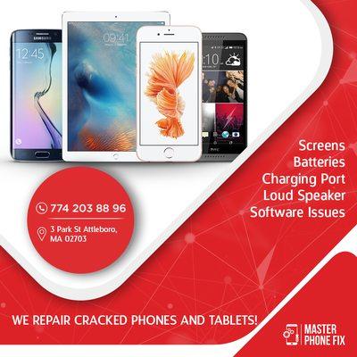 We repair cracked screen, charging, battery problems, sound issues for any model/ brand phones. Diagnostics is free.