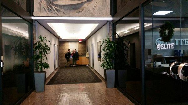 Lobby looking toward guard desk and bank of elevators