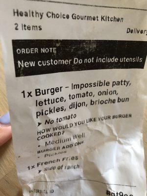 Receipt. No tomatoes.