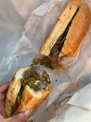 Cheesesteak with cheese whiz & hot peppers