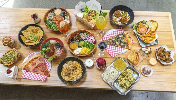 a spread of various food and drinks