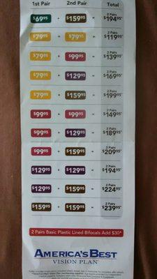 Back side of their double-sided flyer that breaks down the pricing of two frames.