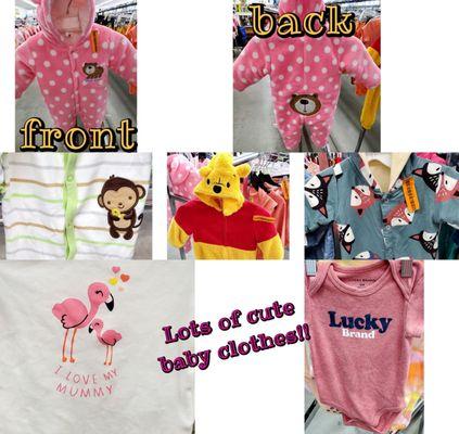 Top: Pink polka dot bear butt,  Middle: Monkey pj's w/ feet, Pooh bear suit, fox suit, Bottom: Flamingo top, Lucky Brand onesie.