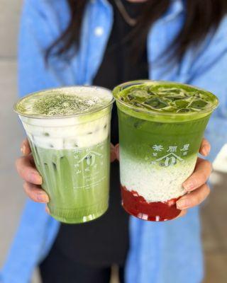 Left is the Einspanner Matcha Latte. Right is the Strawberry Matcha Latte.