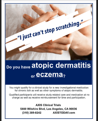 If you have itchy eczema, come in today!! All is free and confidential.